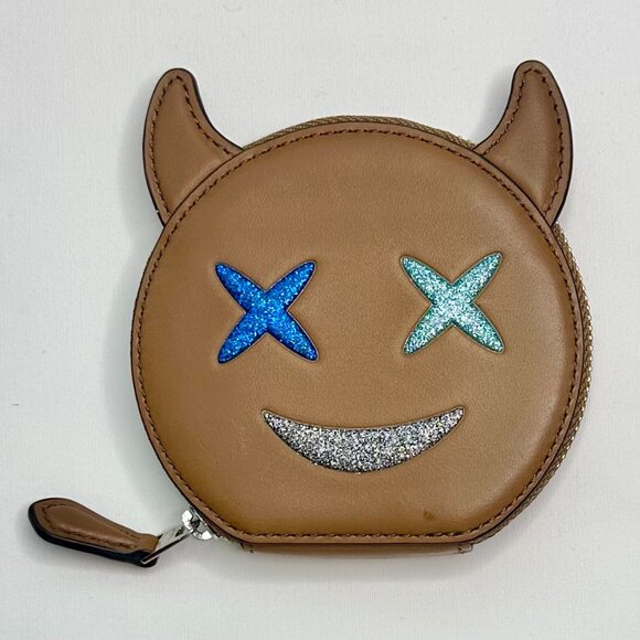 Coach Glitter Smiling Devil Leather Coin Purse Pouch Wallet 2017 Brown 22960 - Picture 1 of 10